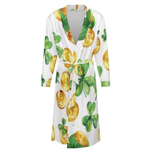Shamrock Leaf And Gold Coins Soft Robe Long Sleeve Bathrobes V Neck Sleepwear Spa Robes with Belt Men Woman4