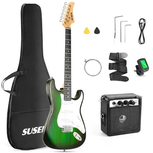 Susen 39”Inch Solid Full Size Electric Guitar Beginner Kit,Electric Guitar Starter Kit,S-S-S Pickups With 5W Amp,Strings, Pick, Tremolo Bar,Bag,Strip,Tuner.Cable,Green