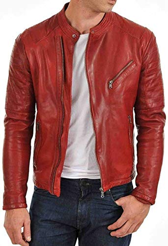 Image of 100% Leather Jacket for Men - Round Collar Slim Fit - Moto, Bomber, Biker Winter Casual Wear