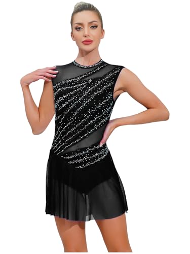 Robe de patinage artistique ornée de strass, leotard noir dos nu de gymnastique haut de gamme