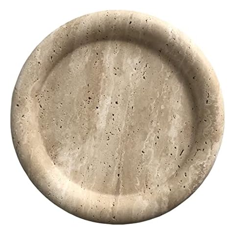 StonePlus Natural Real Marble Vanity Tray/Round Neat Organizer for Cups, Shampoo, Perfume and Jewelry(Beige Travertine, 9.84D x 1.18H) Cover