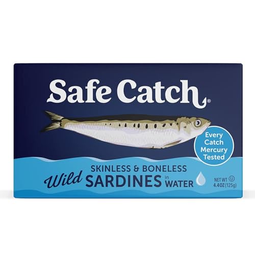Safe Catch Wild Sardines in Water Skinless Boneless Wild-Caught Sardine Fillets Lowest Mercury Limit, Keto Food Kosher Non-GMO Sardines Pack of 12, 4.4oz Tins