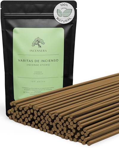 Incensera Incienso citronela, 100 Varillas de Incienso, relajación, meditación y Noches de Descanso, para jardín, terraza y Camping