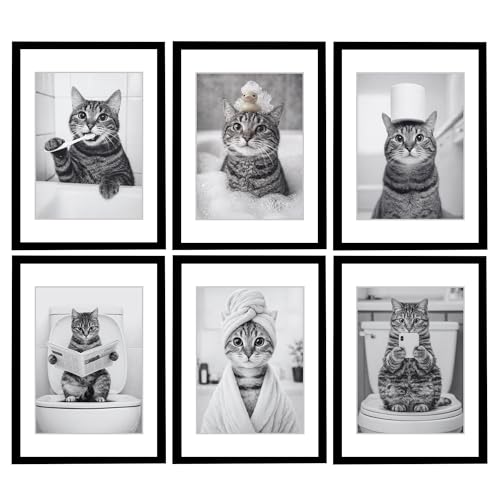 Image of Mira Mest Framed Bathroom Wall Decor | Funny Quotes & Cute Animal Art Prints | Quirky Toilet Signs & Guest Bath Decorations | Minimalist Black & White Washroom Signs | Ready to Hang Toilet Humor for Home & Powder Room (Bath Cat Combo)