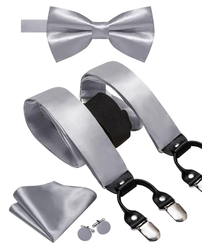 Image of Hi-Tie Men Suspender Bowtie Set Suspenders Pre-tied Bow Tie Pocket Square Cufflinks Adjustable Y Shape 6 Clips Braces Tuxedo