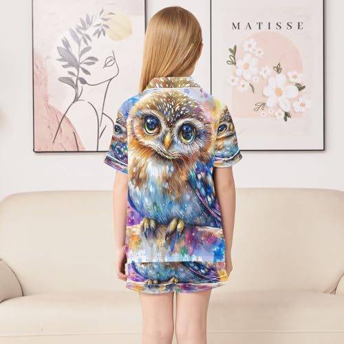 ALAZA Owl Color Bird Art Satin Pajamas Set Short Sleeve Button Down Sleepwear Summer Pjs 2 Piece4