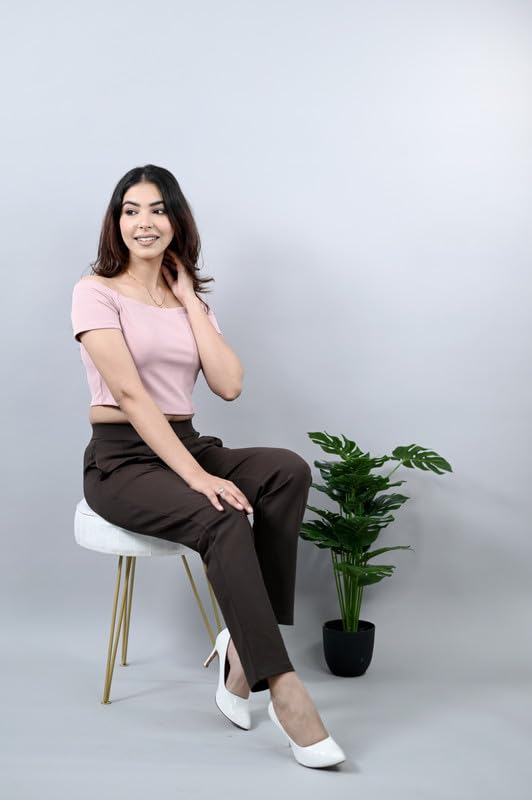 Image of Mlada Straight Fit Cigarette Pencil Pants Elastic Waist Band Mid High Waist Formal Office Trousers for Women, Pockets for Travel Stretch Cotton Knit Full Length Regular /Plus Size