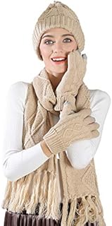 Scarf Hat Glove Set-Soft Stretch Warm Thick Cable Knit Hat Cap Beanie Mitten Scarf Touchscreen Gloves Fashion 3 in 1 Winter Cold Gift Set