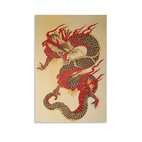 Poster sur toile avec dragon chinois style chinois - Décoration murale moderne pour chambre à coucher - 50 x 75 cm