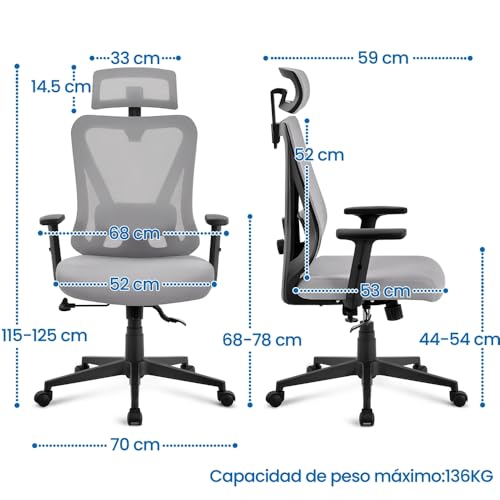 Miniatura 2 de Yaheetech Silla Escritorio De Oficina Ergonomica Sillon Despacho Con Respaldo Bloqueable Entre 90 Y 130 Silla Soporte Lumbar Ajustable Malla Transpirable Para Oficina Estudio Gris