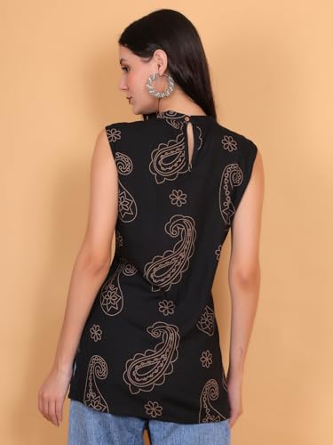 Image of FIMS - Fashion is my style Rayon Short Kurti for Women, Ethnic Printed, Black Sleeveless Kurtis, Summer Wear, Ideal Gift for Girls