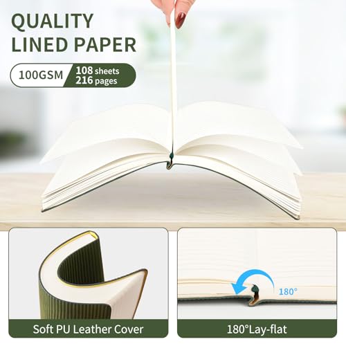 Image of TSFPapier A5 Lined Notebook with Pen & Gift Box 216 Pages PU Leather Journal for Women Men 100GSM Thick Paper College Ruled Notebook for Gifts, School,Travel,Business,Work,Home Writing (Dark Green)