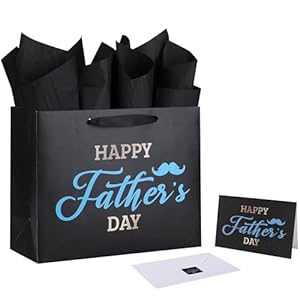 Qirrmiy Juego de bolsa de regalo grande de 13 pulgadas para el Día del Padre con asas, tarjeta de felicitación, papeles de seda negros y calcomanías para hombres para el mejor papá de la historia, día