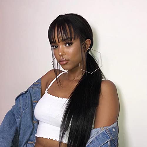 KUN Hair 360 Lace Wigs Human Hair Brazilian Remy Hair 360 Yaki Wig with Bangs, 360 Lace Frontal Wig Pre Plucked with Baby Hair for Women 150% Density Natural Color 22 Inches