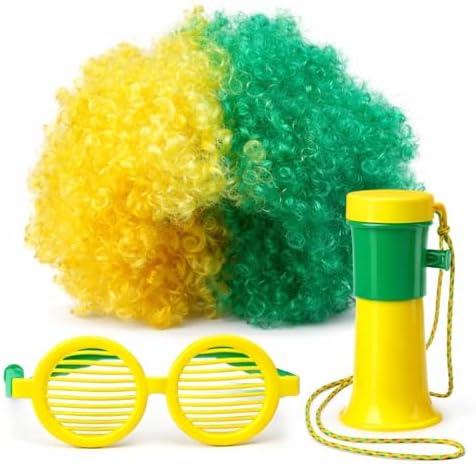 Kit Torcedor Brasil Completo com Peruca Verde e Amarela, Óculos de Festa e Corneta para Copa do Mundo