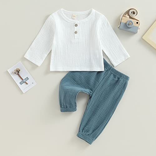 Image of VISGOGO Toddler Boy Linen Outfit Baby Boy Fall Winter Clothes Set Button-Down Shirt Tops Cotton Linen Pants 2PCS