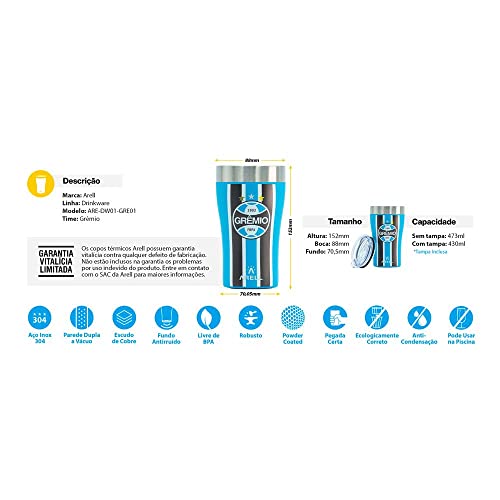 Copo Térmico Arell oficial do GRÊMIO - Tulip Pint - 500ml (Azul)