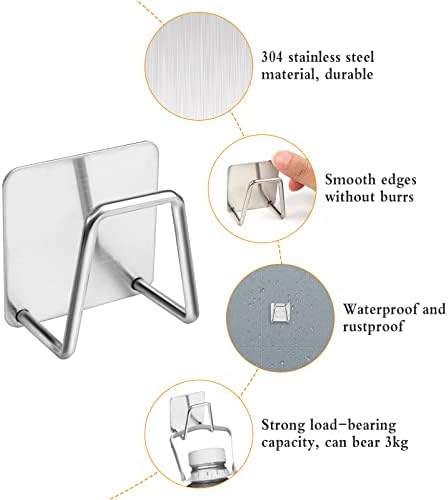 Bigxin 6 Pieces Adhesive Sponge Holder with Wall Hanging Hooks, Stainless Steel Sink Sponge Holder Waterproof Kitchen Sink Holder Self Adhesive Wall Hooks for Kitchen Bathroom