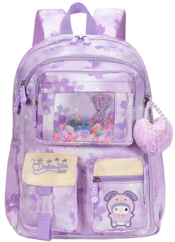 PIEAUWIE Kids Backpack for Girls Cartoon School Bag for Elementary Middle School Students Kawaii Childrens Book Bag (17inch Purple)