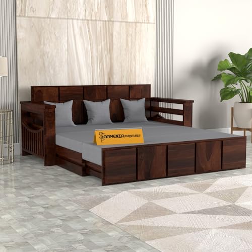 Image of Mamta Furniture Sheesham Wood Queen Size Sofa Cum Bed | Walnut Finish | Convertible Storage Bed | Master Bedroom | Guest Room | DIY Assembly | with Headboard