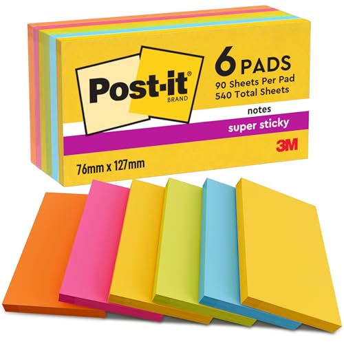 Post-it Super Sticky Notes 540 Sheets Pack of 6 Pads 76 mm x 127 mm - Holds Strong to Many Surfaces - Bright Colours - for Walls Monitors and Fridge Recycable
