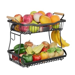 Simple Trending Fruit Bowl Basket with Banana Hanger for Kitchen, Black