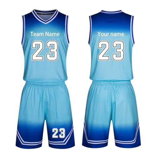 Personalisierte Basketballtrikots Basketball Outfit Kurzes T-Shirt Short Set 2 Stück Personalisiert mit Ihrem Namen, Nummer, Team(Color:Blue)