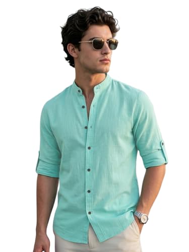 Image of Urbano Fashion Men's Linen Blend Full Sleeve Relaxed Fit Mandarin Collar Casual Solid Shirt