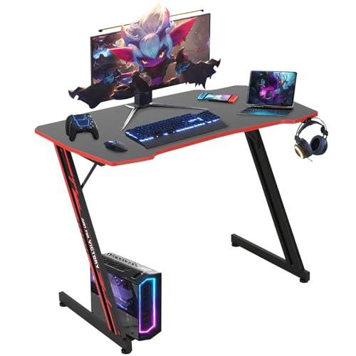BLKMTY 39 Inch Gaming Desk Z-Shaped Computer Desk with Headphone Hook, Modern Gamer Desk Table for Home Office Dorm Sturdy Writing Workstation, Carbon Fiber Black, Red