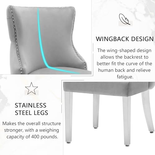 UDAX Velvet Dining Chairs Set of 2, Upholstered Tufted Backrest Dining Room Chairs, Luxurious Dining Chairs with Stainless Steel Legs, Grey - Thumbnail 4