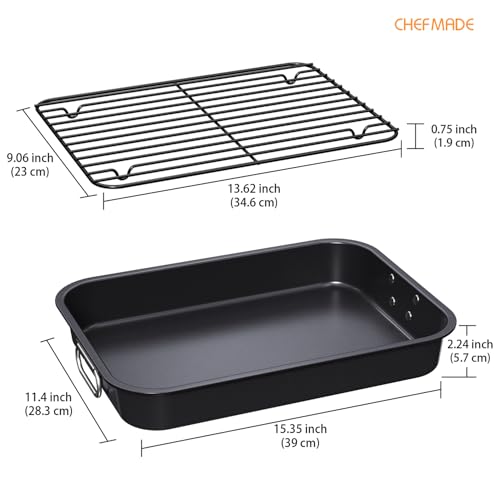 CHEFMADE Roasting Pan with Rack, 15 Inch Deep Roasting Pan, Deep Lasagna Pan for BBQ Vegetbale and Meat 15.6\" x 11.2\" x 2.5\" (Black) - Thumbnail 2