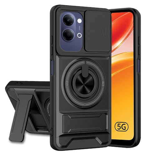 Image of Vivo Y21 5G / Y11 5G Back Cover | Armor Camera Slider 360 Degree Rotating Finger Ring Holder Case with Bracket Stand Back Case Cover (Compatible with MagSafe Accessories) (Black)