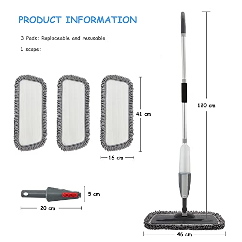 Image of Bellababy Spray Mop with 3 Reusable Microfiber Pads and 450ML Bottle - 360 Degree Spin Suitable for Hardwood, Marble, Tile (Grey)
