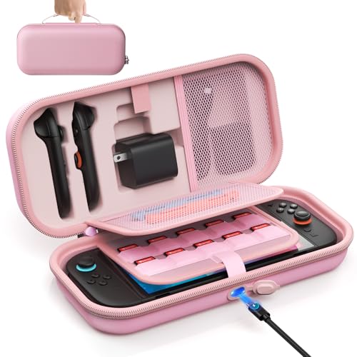 Image of Auarte [Charge inside Carrying Case for Nintendo Switch 2 2025 / Switch OLED / Switch with Adapter and for Joy Cons Storage, Travel Cases for Switch 2 Console with 22 Game Card Storage- Pink