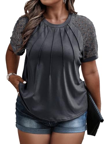 Image of Eytino Plus Size Tops for Women Summer Lace Short Sleeve Crewneck Loose Casual Blouse Tunic T Shirts(1X-5X)