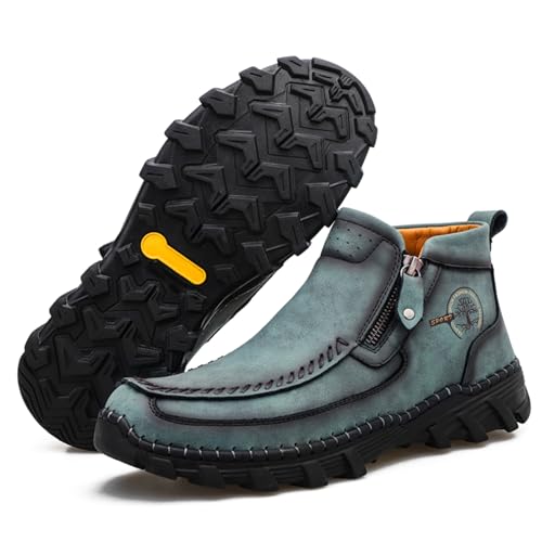 Men's Hand Stitching Leather Slip On Ankle Boots Side Zipper Casual Comfort Moccasin Chukka Boots Outdoor Walking Loafers for Working Driving Hiking