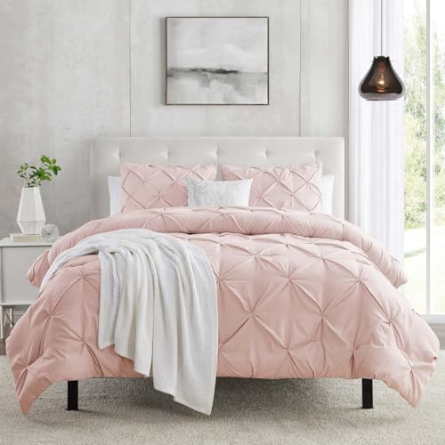 Duvet Cover King Size 3 Piece Pintuck Comforter Cover - 1 Duvet Cover 104x90 Button Closure with 2 Pillow Shams - Ultra Soft Microfiber Bedding Pinch Pleated King Duvet Cover Set, Blush