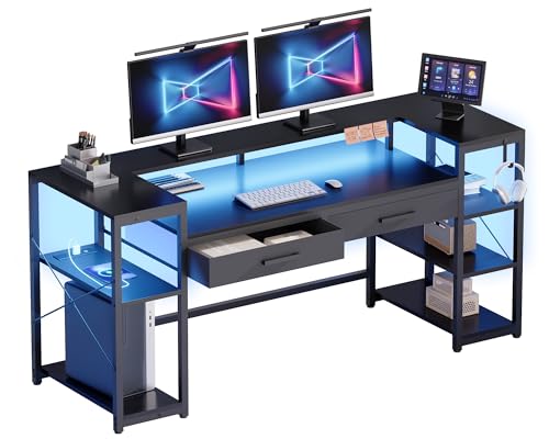 Pamray 58 Inch Computer Desk with Monitor Stand and Shelves Gaming Desk with LED Lights & Power Outlets PC Vanity Table with 2 Drawers for Home Office Black by Pamray - Image 8