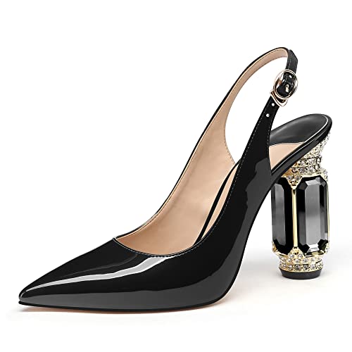 Image of JANSEVEN Women Chunky Heels Pumps Crystal Block Heels with Rhinestones Pointed Toe Sexy Gradient Patent Leather Slip on Bridal Party Wedding Dress Shoes 5-13 M US