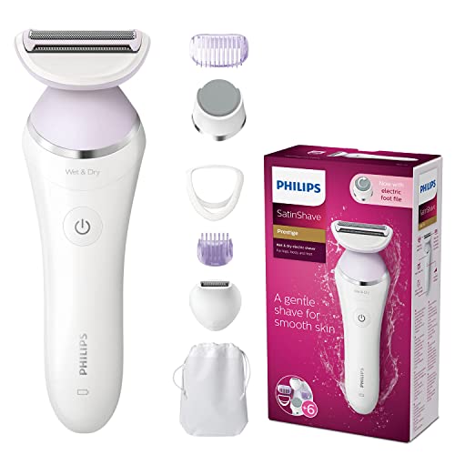 Philips SatinShave Prestige Elektrischer Nass- und Trockenrasierer BRL175/00 - Ladyshaver inkl. Aufsätze für Bikini-Zone, Trimmen & Pediküre, federnde Scherfolie für gleichmäßige Rasur, weiß/ lila