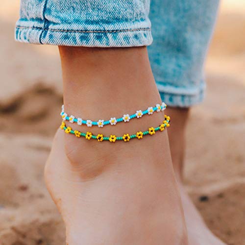 Pura Vida Daisy Flower Seed Bead Adjustable Anklet W/Charm, Waterproof - Yellow #TOP2