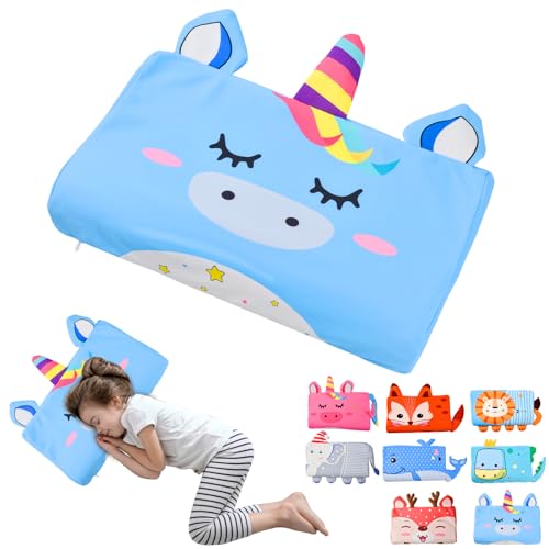 YAOZUP Lunalow Coussin Enfant, Oreiller Ergonomique Enfant, Respirant, Confortable, Détachable, Oreiller Sieste Maternelle vec Taie pour La Crèche, 45 x 27 cm (Licorne Bleue)