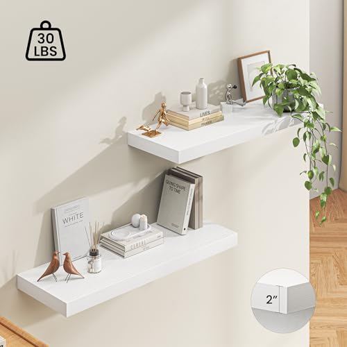 Image of Dreamland 40 inch Floating Shelves for Wall, 12 inch Deep Thicker White Floating Shelves, Wall-Mounted Shelves for Bedroom, Living Room, Kitchen, Bathroom - Set of 2