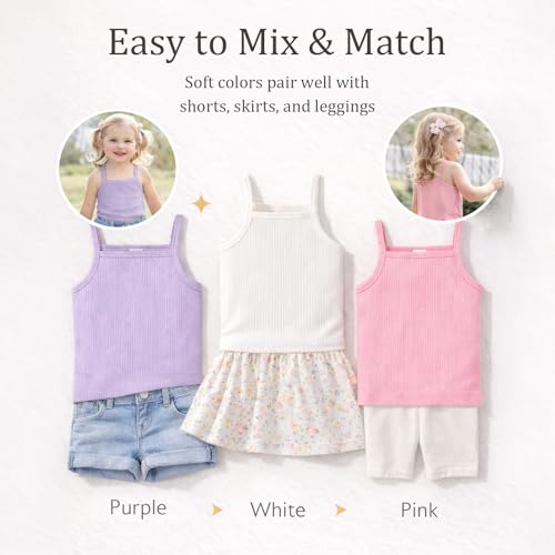 Image of ROMPERINBOX Toddler Tank Tops Girls Spaghetti Strap Ribbed Knit 3 Pack Sleeveless Casual Basic Cami Top for 12M-4T