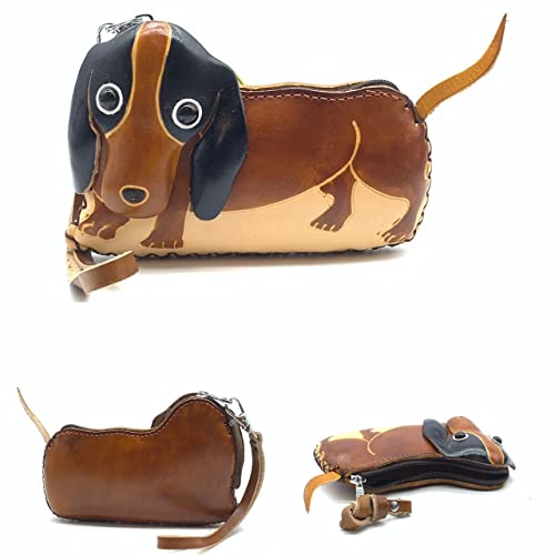 Handmade Vintage Genuine Leather 3D Dog Animal Dachshund Coin Purse With Removable Wrist Strap (Dark Brown)4