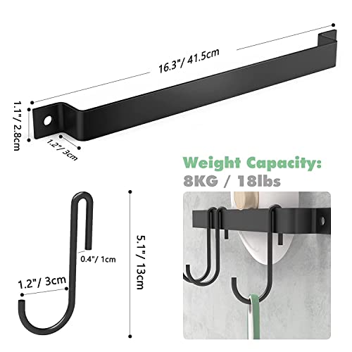 Image of Wall Mounted Kitchen Rail for Utensils - 17 Inch Black Iron Hanging Rack with 15 S-Shape Hooks | Heavy Duty Pot, Pan, Tawa & Spatula Organizer | Space-Saving Cookware Storage Bar for Kitchen
