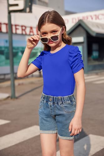 Image of Arshiner Girls Puff Short Sleeve Shirts Summer Ribbed Knit Crewneck T Shirt Tops Tee Blouse