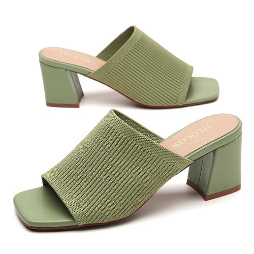 Image of Tilocow Knit Heeled Sandals for Women Square Open Toe Heeled Mules Chunky Block Low Heel Slip On Slides