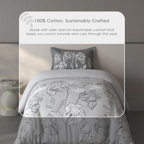 Image of Spaces Fiora Floral Single Bedsheet with 1 Pillow Covers | 100% Cotton Bed Sheet | Percale Bedding Set | Super Soft & Breathable Bedsheet | Light Grey | 152 x 228 Cm