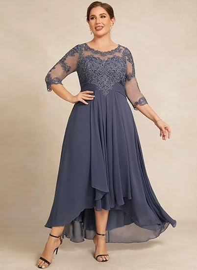 Image of GDJDIFK Chiffon Mother of The Bride Dresses - 3 /4 Sleeve Lace Applique Ruched Tea Length Formal Dress for Women Red